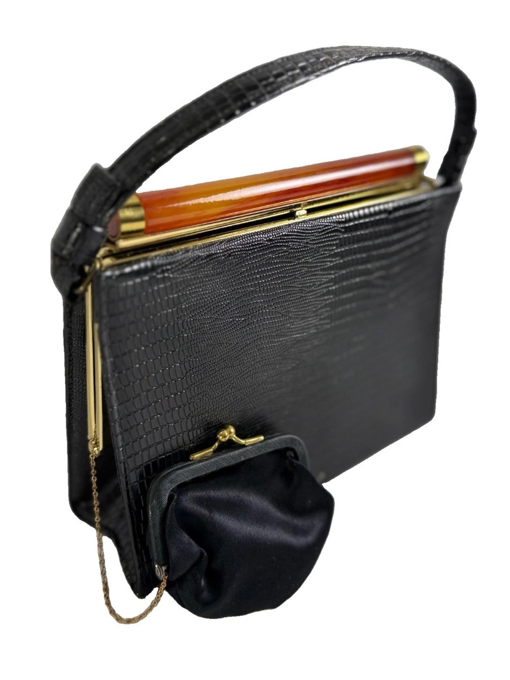 Vintage EUC After Five Purse Gold Frame Tortoise Shell Lizard Hand Bag Evening